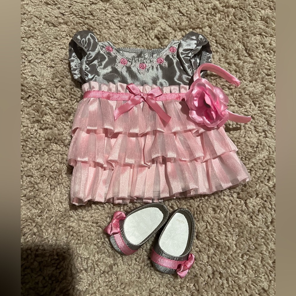 American Girl Bitty Baby Pink and Silver Baby Dress with Headband and Shoes
